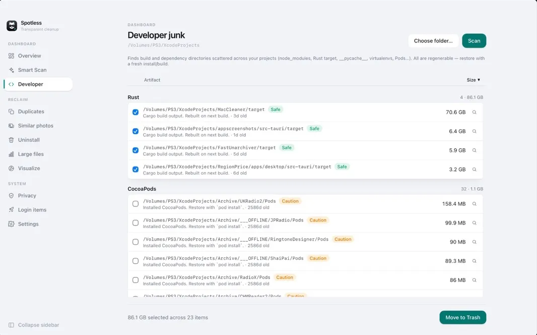 Developer junk view listing Rust build folders worth 86 GB