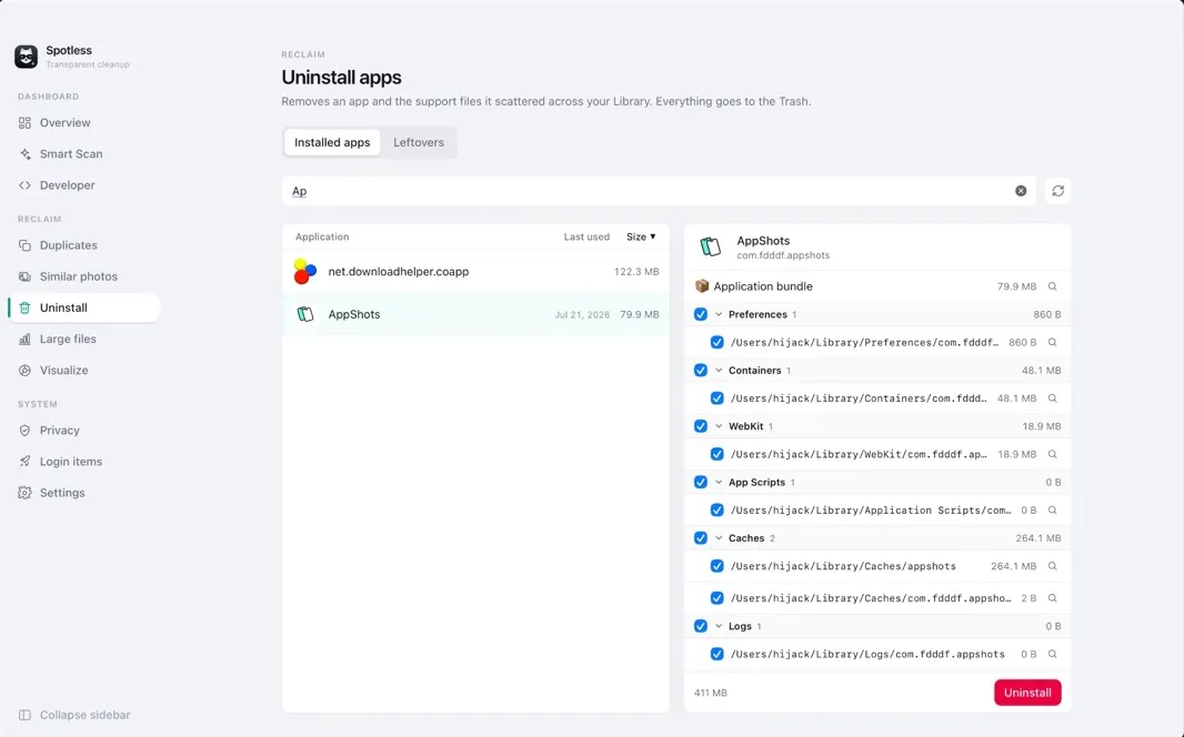 Uninstall view listing an app's preferences, containers and caches