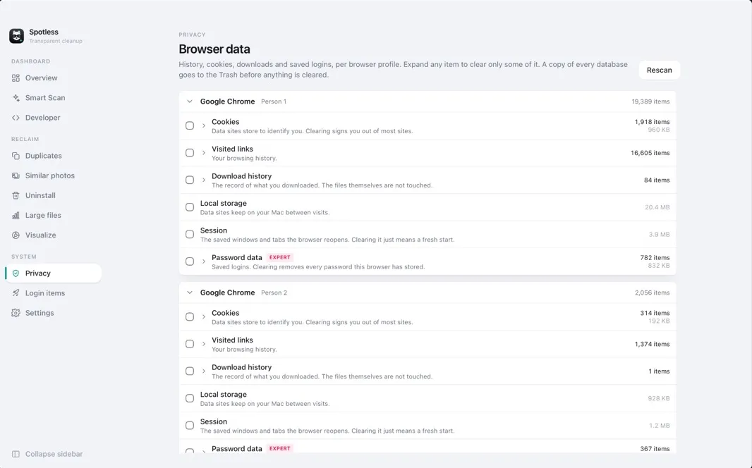 Browser data view listing cookies, history and site data per browser profile